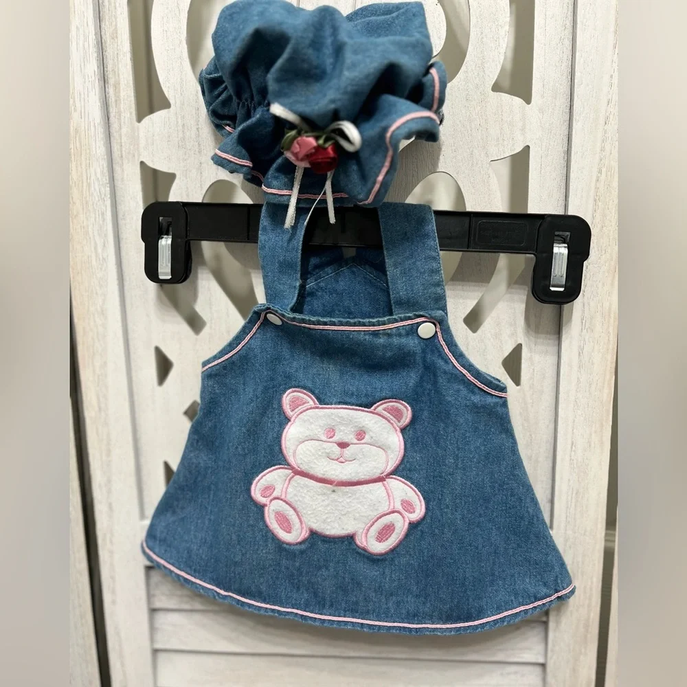 Vintage Y2K Denim Baby Dress with Teddy Appliqué and Matching Scrunchie Hat